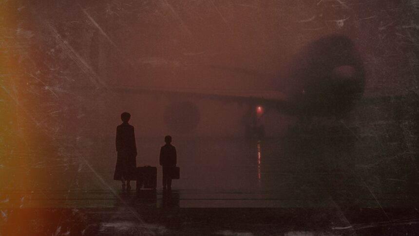 Silhouette of mother and child standing on foggy airport tarmac, representing the Turkey holiday incident and childhood abuse evidence.