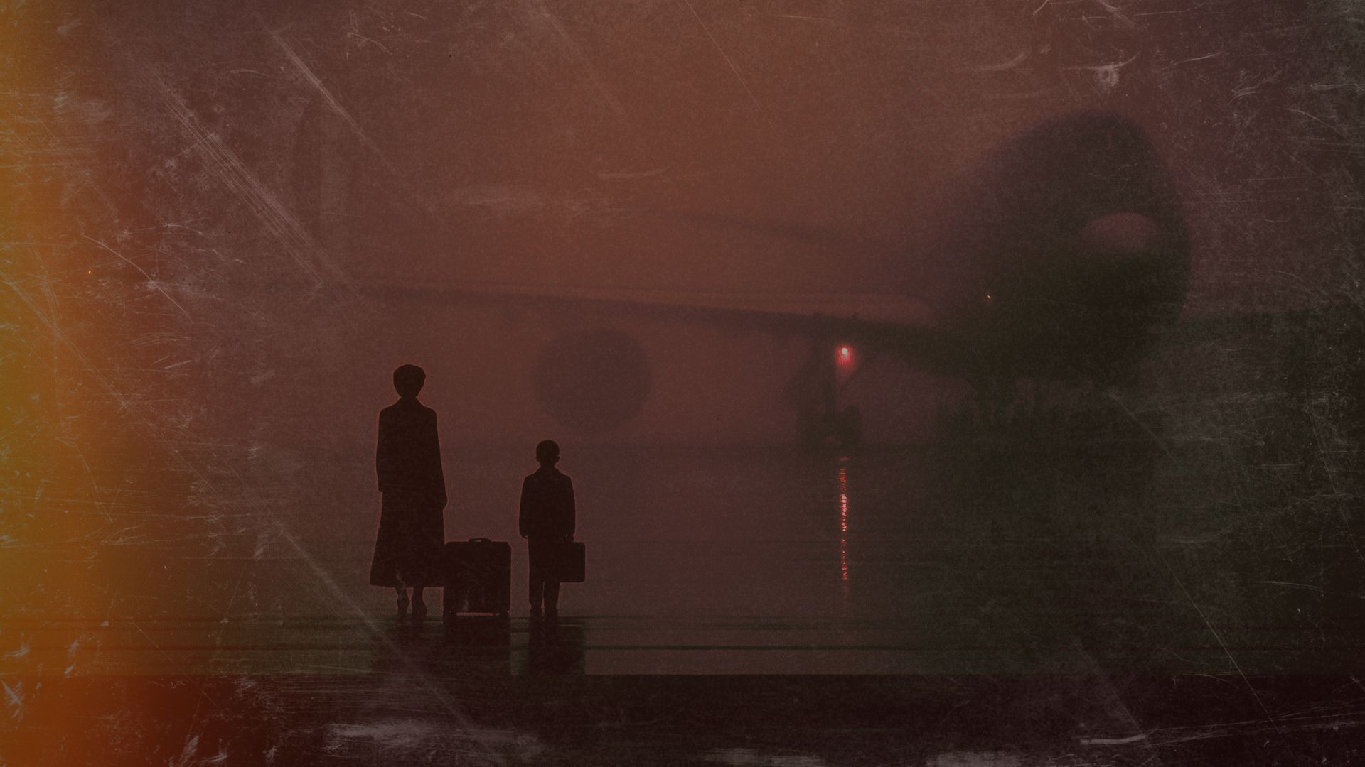 Silhouette of mother and child standing on foggy airport tarmac, representing the Turkey holiday incident and childhood abuse evidence.