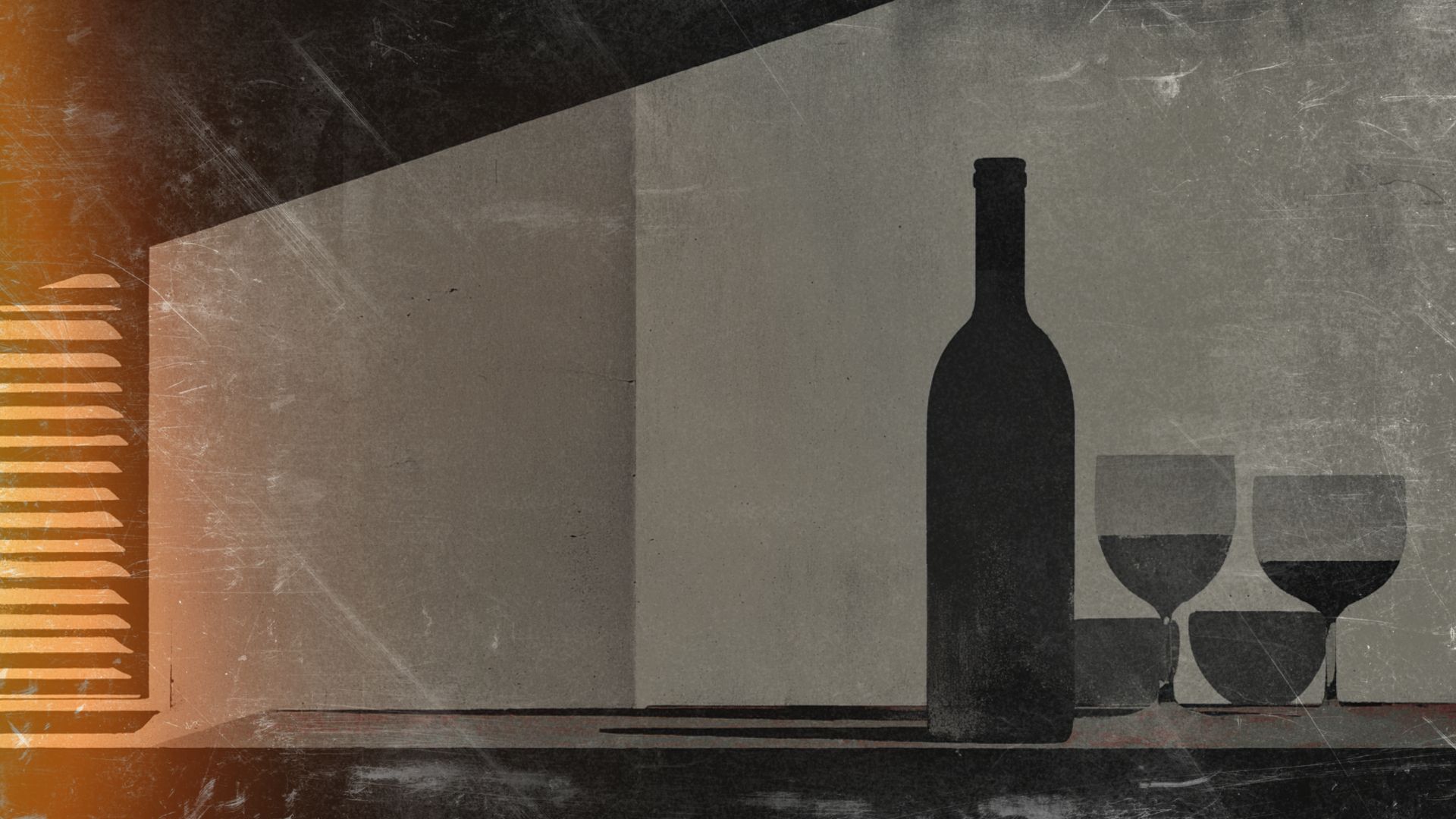 a wine bottle and two glasses